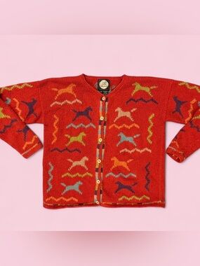 Planet Earth Sweaters Hand Loomed in Peru Red Horse Knit Cardigan Sz Medium